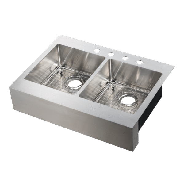 482-6517 Brimley Retrofit 33" x 24" 50/50 Double Bowl R15 Radius Dual-Mount Flat Apron Front Farm Sink