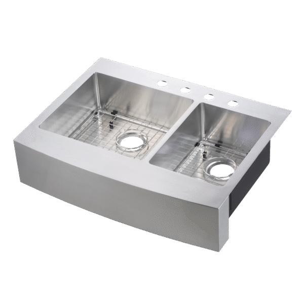 482-6518 Brimley Retrofit 33" x 24" 60/40 Double Bowl R15 Radius Dual-Mount Curved Apron Front Farm Sink