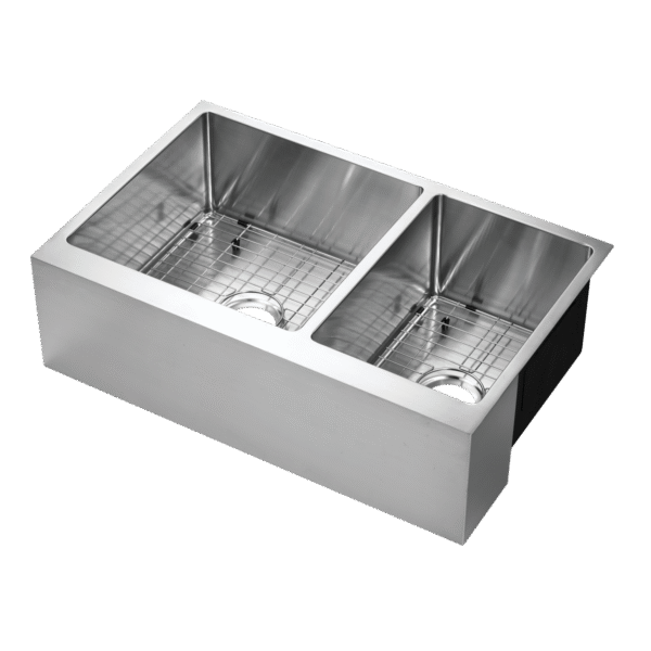 482-6805 Belleville 33" x 21" 60/40 Double Bowl R15 Radius Corner Under-Mount Apron Front Farm Sink