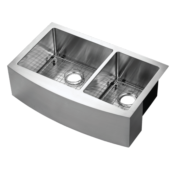 482-6809 Parketon 30" x 21" 60/40 Double Bowl R15 Radius Under-Mount Curved Apron Front Farm Sink