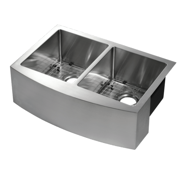 482-6810 Parketon 30" x 21" 50/50 Double Bowl R15 Radius Under-Mount Curved Apron Front Farm Sink