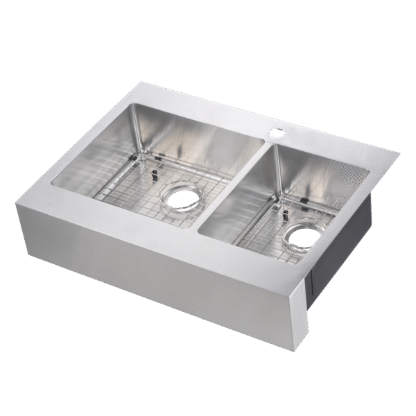 482-6933 Brimley Retrofit 33" x 24" 60/40 Double Bowl R15 Radius Dual-Mount Flat Apron Front Farm Sink