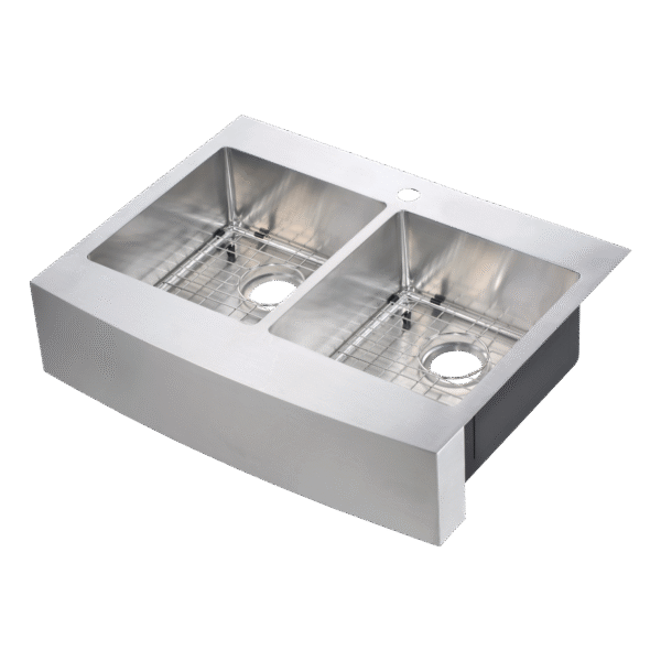 482-6938 Brimley Retrofit 33" x 24" 50/50 Double Bowl R15 Radius Dual-Mount Curved Apron Front Farm Sink