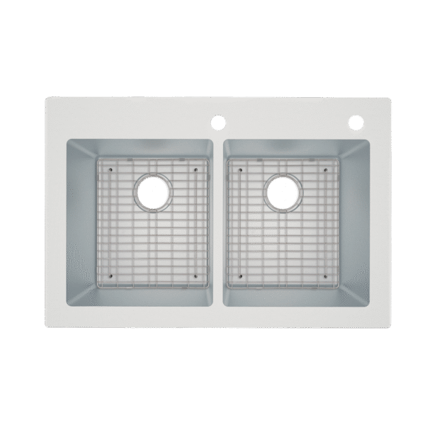 482-7029 Vandermere 33" x 22" 50/50 Double Bowl R15 Radius Corner Dual-Mount Sink