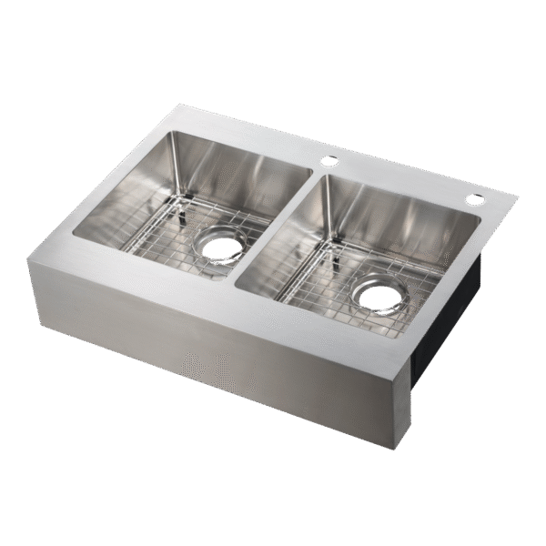 482-7037 Brimley Retrofit 33" x 24" 50/50 Double Bowl R15 Radius Dual-Mount Flat Apron Front Farm Sink