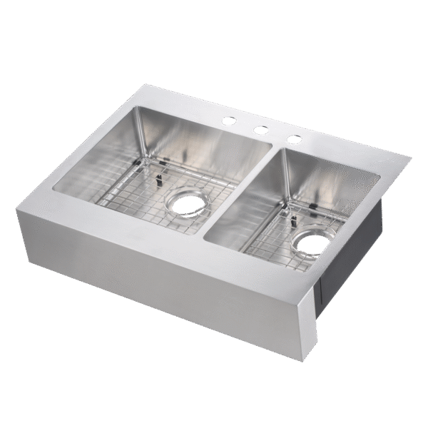 482-7040 Brimley Retrofit 33" x 24" 60/40 Double Bowl R15 Radius Dual-Mount Flat Apron Front Farm Sink