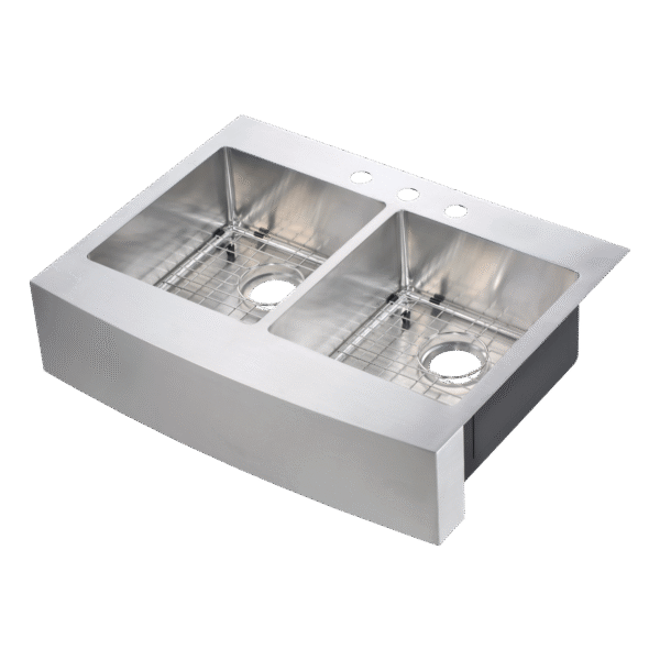 482-7044 Brimley Retrofit 33" x 24" 50/50 Double Bowl R15 Radius Dual-Mount Curved Apron Front Farm Sink